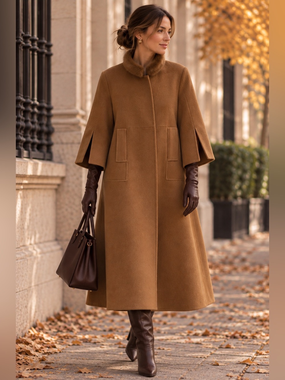 100% Wool A-Line Split Sleeve Coat Rabbit Fur Collar Camel